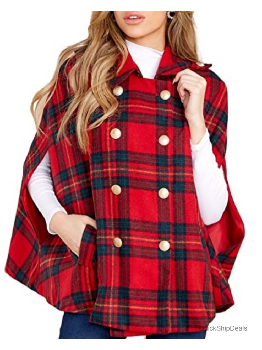 Women's Plaid Cape Poncho Coat Double Breasted Long Sleeve Wool Blend